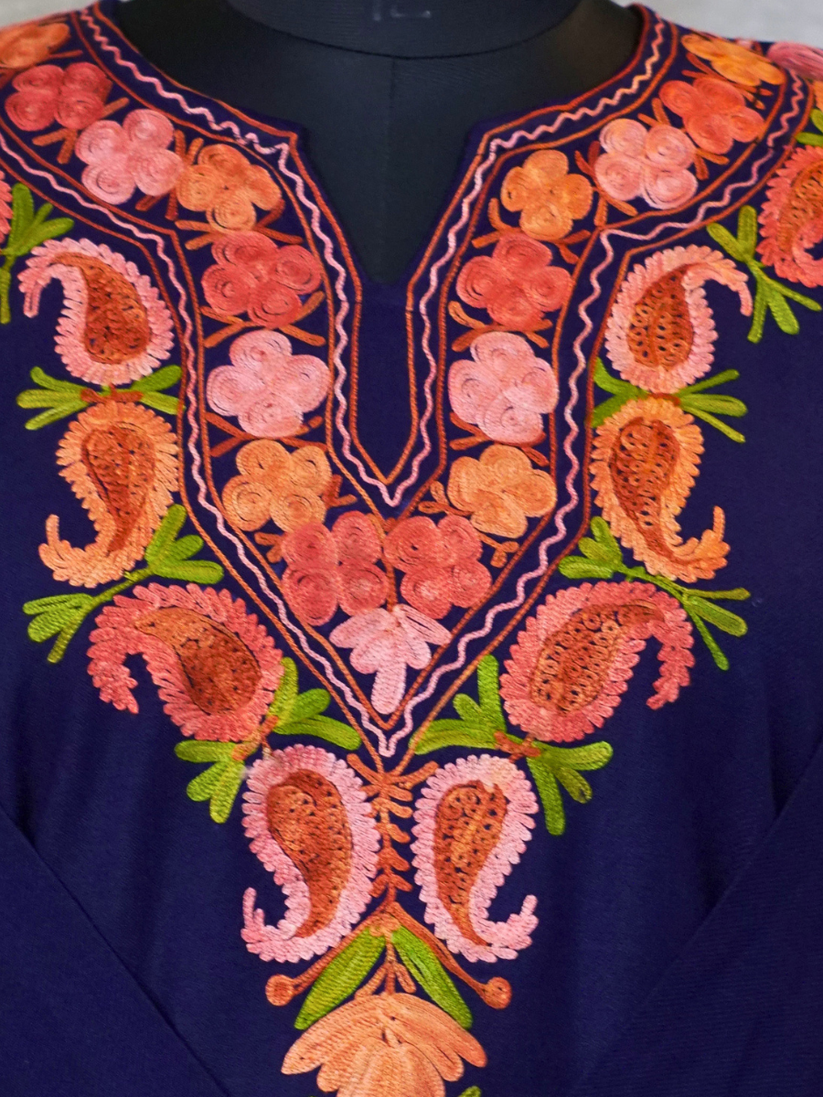 Navy Blue Kashmiri Pheran with Coral Paisley Embroidery – KAARKASH