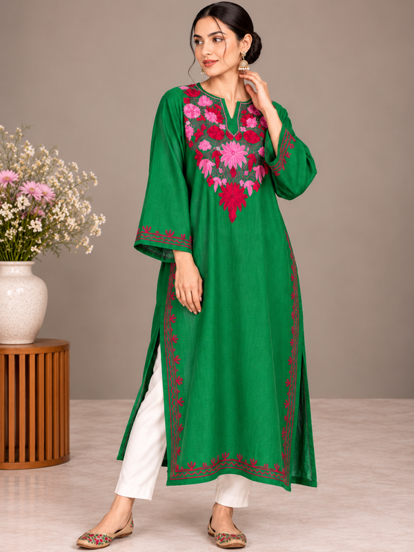Green Kashmiri Pheran with Embroidery | Aari Embroidered Wool Phiran