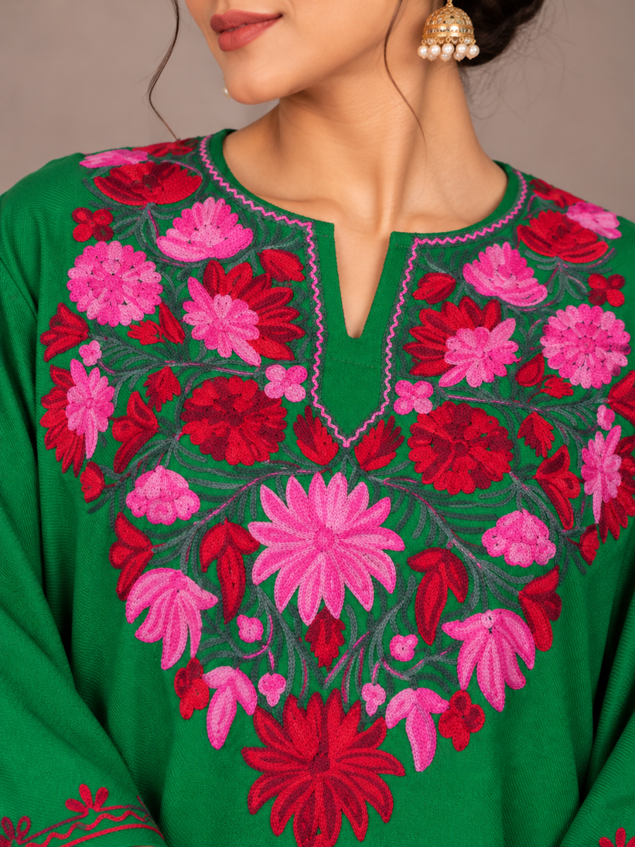 Green Kashmiri Pheran with Embroidery | Aari Embroidered Wool Phiran