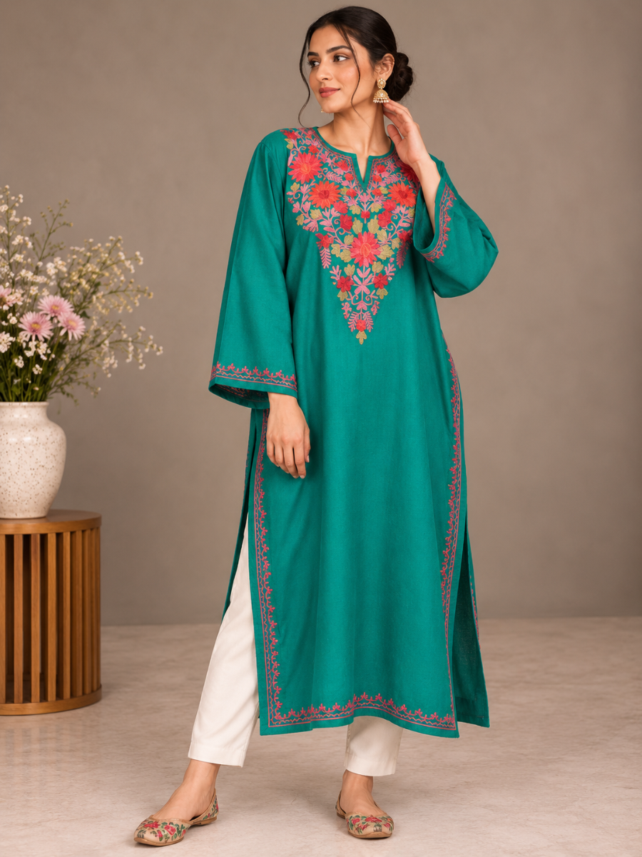 Teal Kashmiri Pheran with Embroidery | Aari Embroidered Wool Phiran