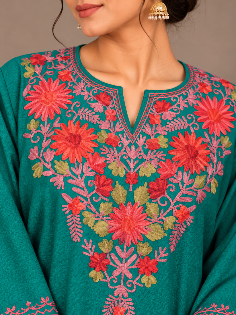 Teal Kashmiri Pheran with Embroidery | Aari Embroidered Wool Phiran