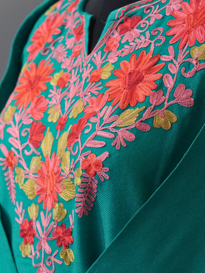 Teal Kashmiri Pheran with Embroidery | Aari Embroidered Wool Phiran
