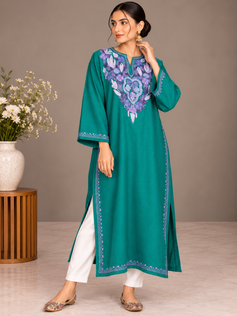 Teal Kashmiri Pheran with Embroidery | Aari Embroidered Wool Phiran