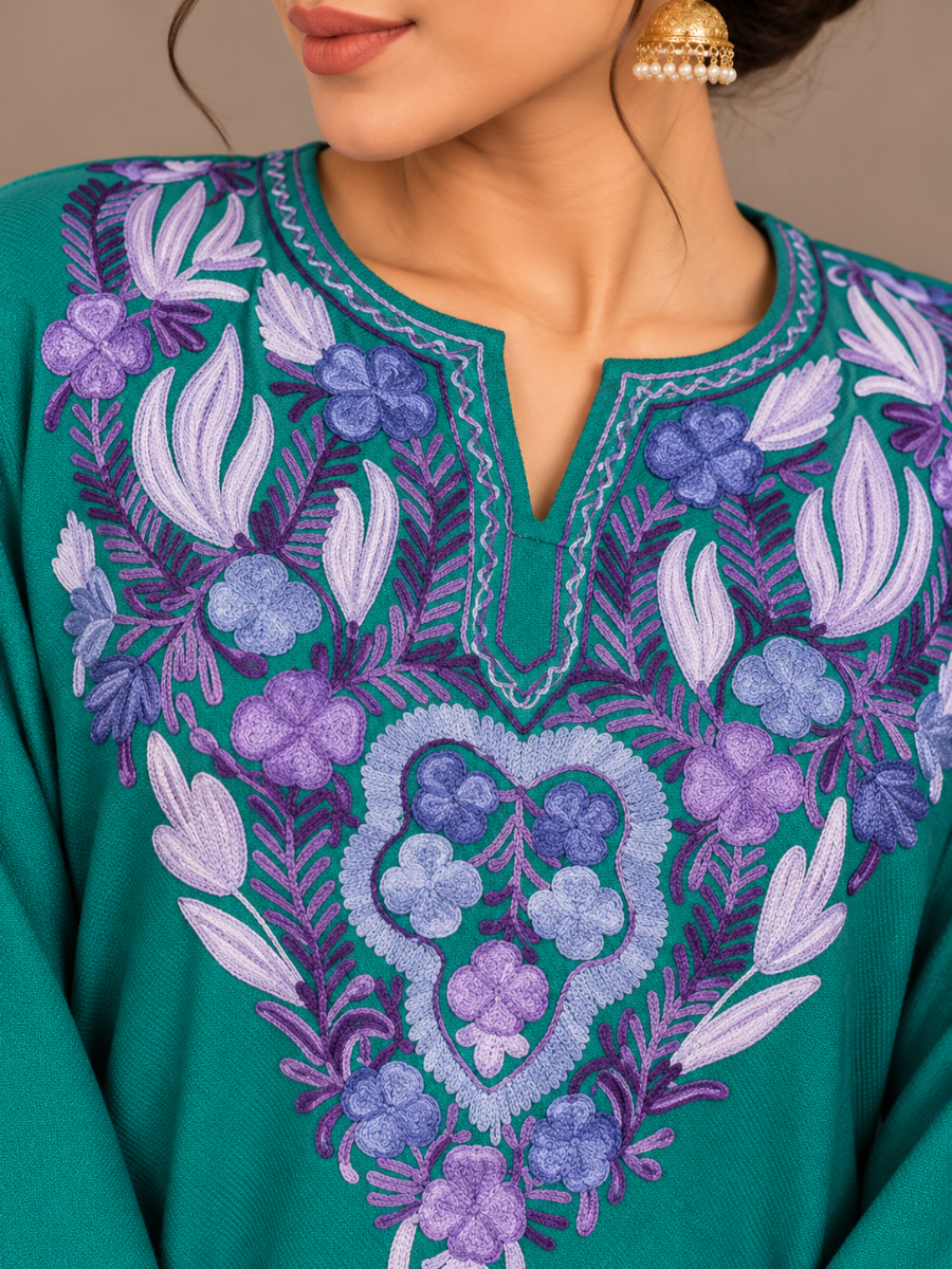 Teal Kashmiri Pheran with Embroidery | Aari Embroidered Wool Phiran