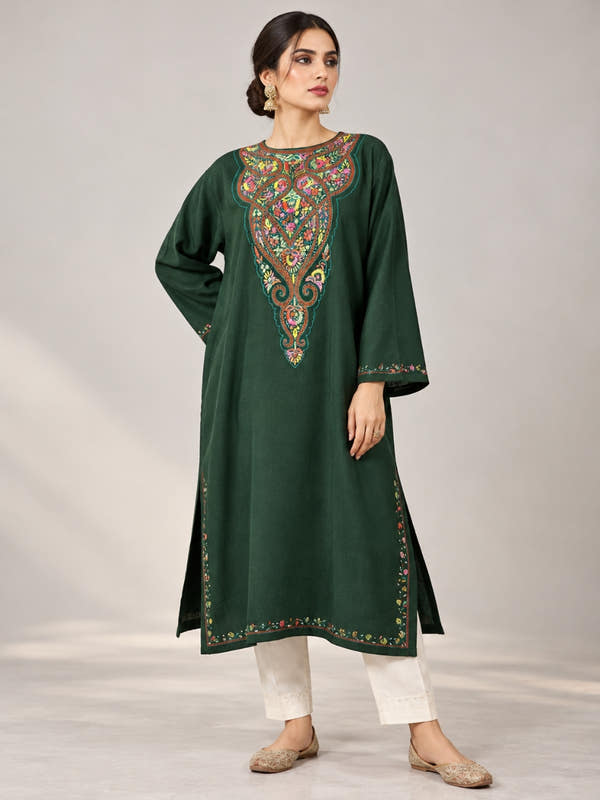 Meeras: Hand-Embroidered Sozni Wool Pheran (Phiran) | Midnight Green
