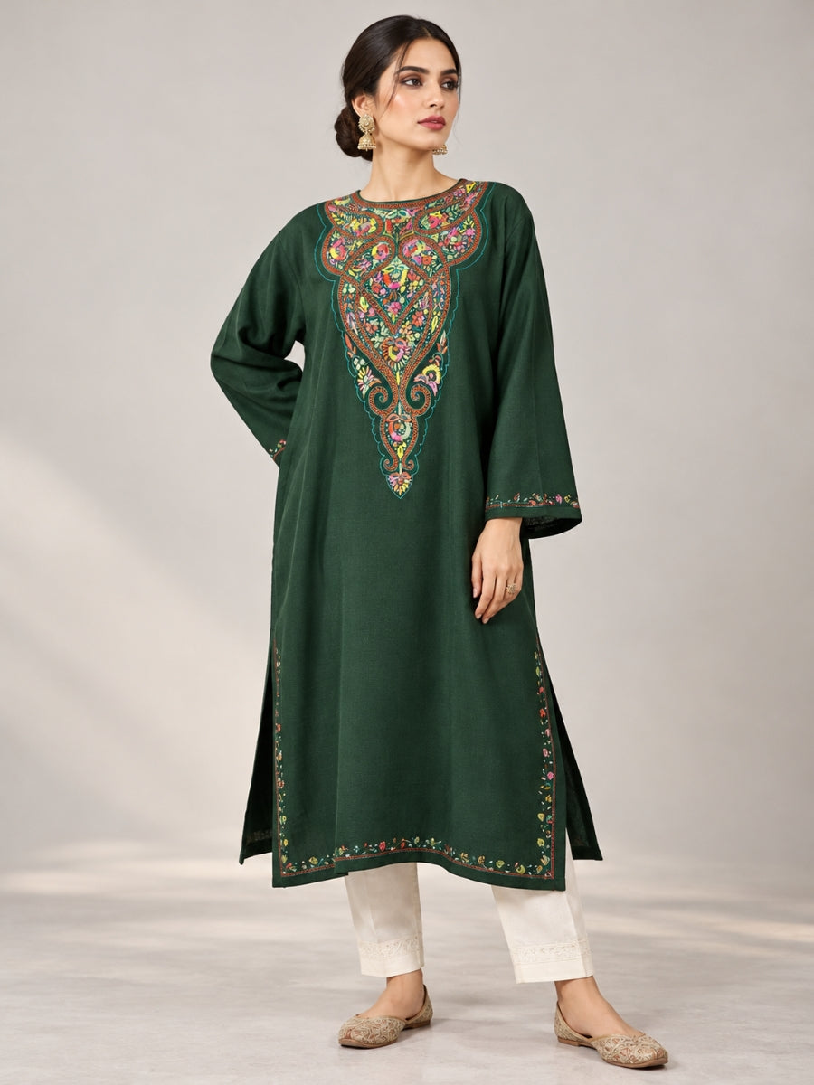 Meeras: Hand-Embroidered Sozni Wool Pheran (Phiran) | Midnight Green