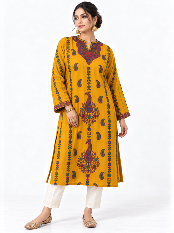 Kashmiri Sozni Embroidered Pheran (Phiran) | Mustard