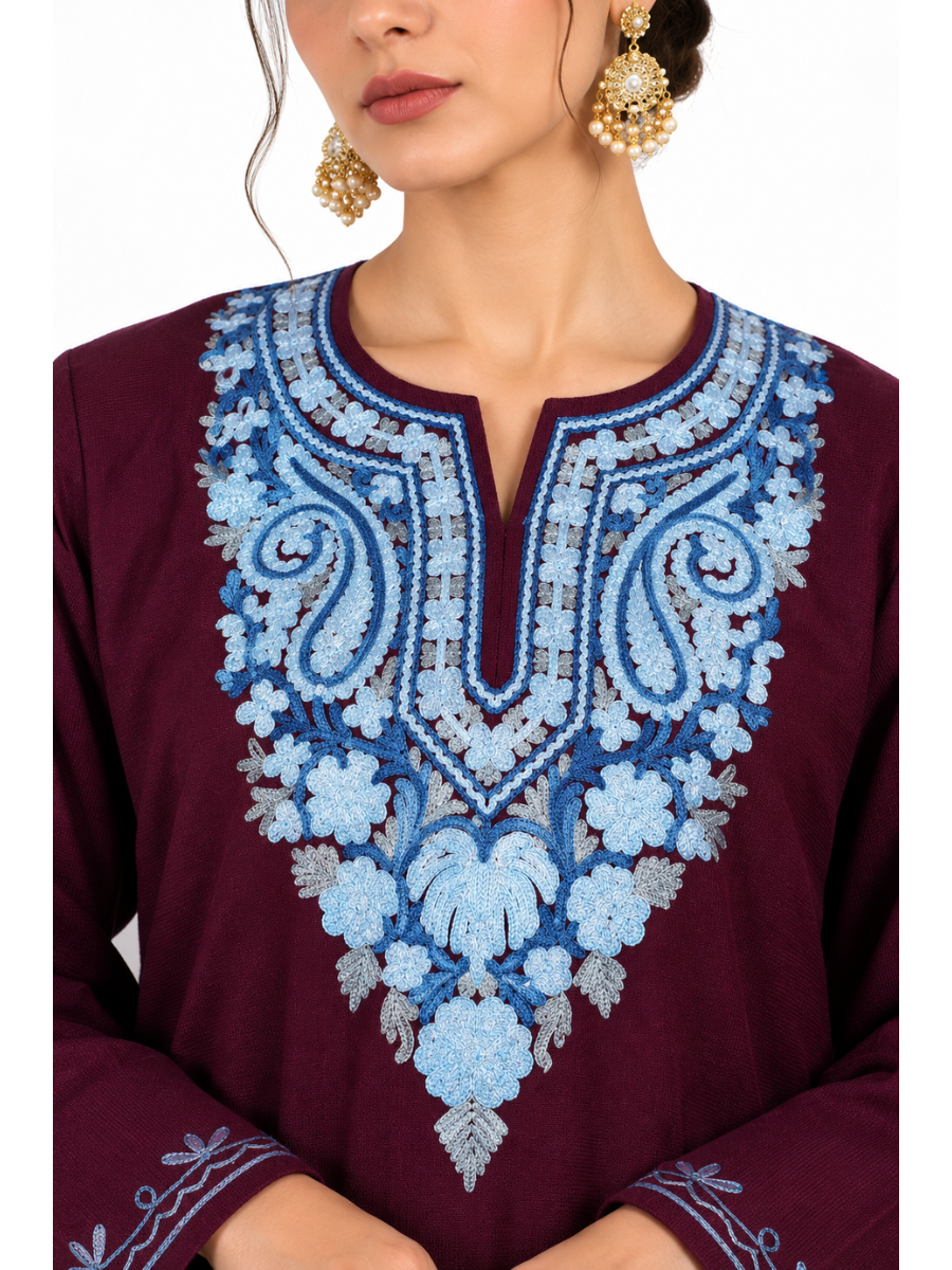 Wine Kashmiri Pheran with Sky Blue Paisley Embroidery – KAARKASH