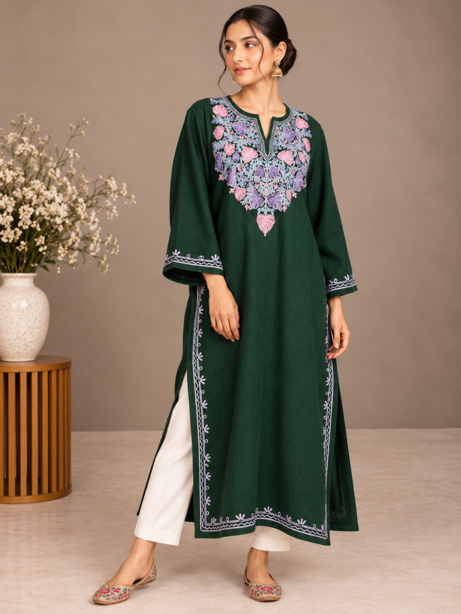 Teal Kashmiri Pheran with Embroidery | Aari Embroidered Wool Phiran
