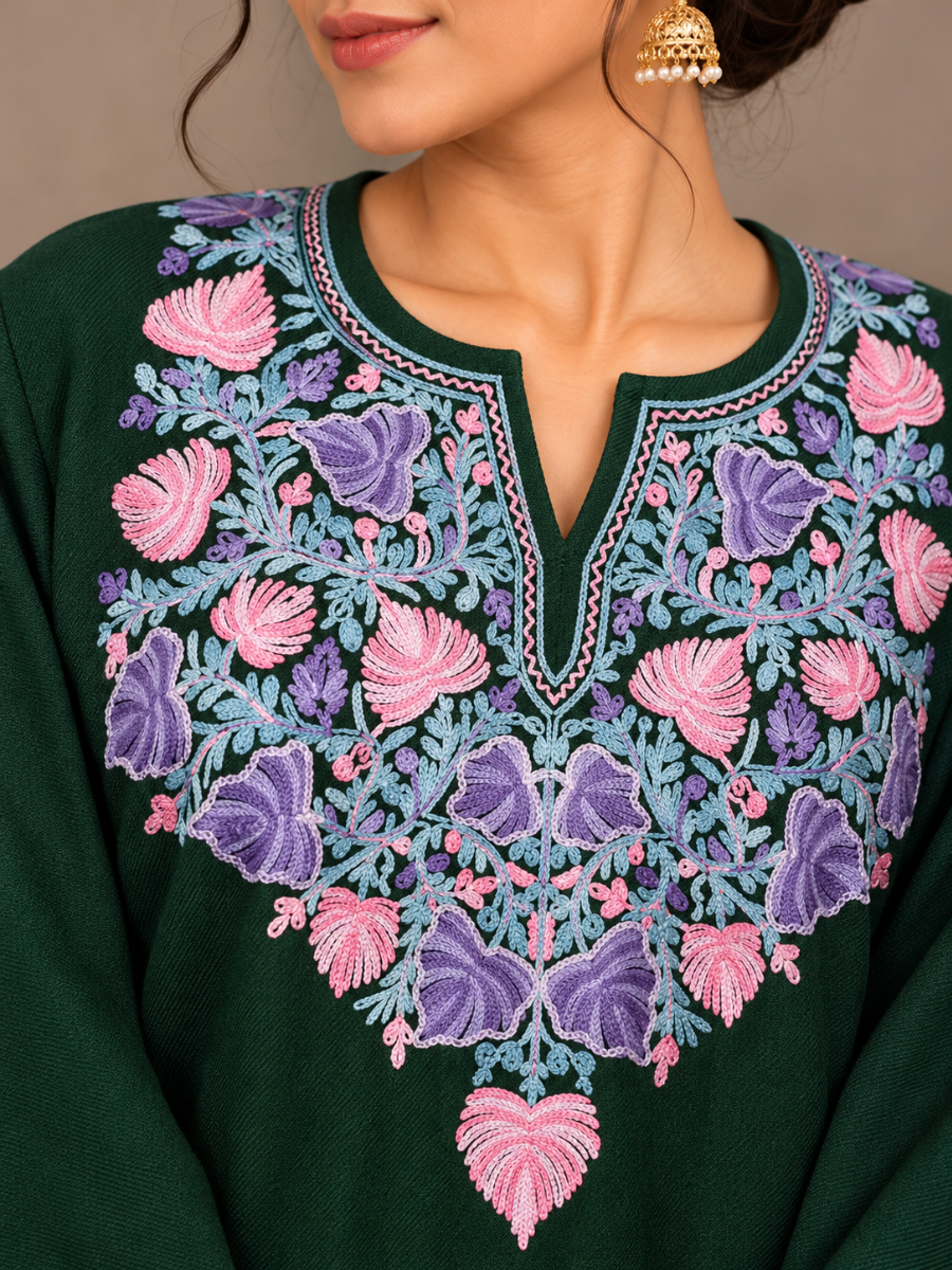 Teal Kashmiri Pheran with Embroidery | Aari Embroidered Wool Phiran