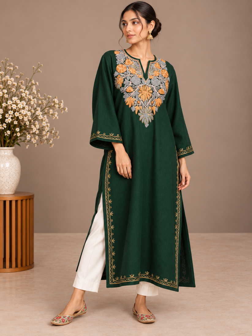 Teal Kashmiri Pheran with Embroidery | Aari Embroidered Wool Phiran
