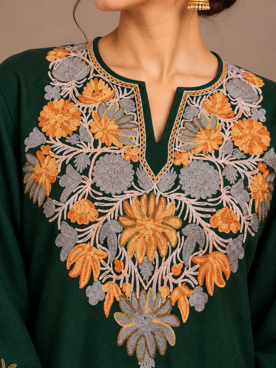 Teal Kashmiri Pheran with Embroidery | Aari Embroidered Wool Phiran