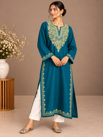Peacock Blue Kashmiri Pheran with Pista Green Paisley Embroidery | Aari Embroidered Wool Phiran