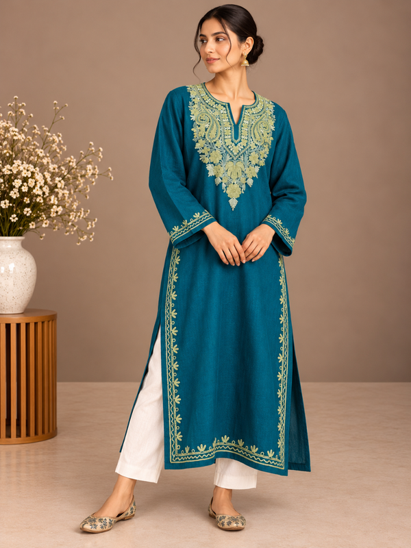 Light Blue Kashmiri Pheran with Embroidery | Aari Embroidered Wool Phiran