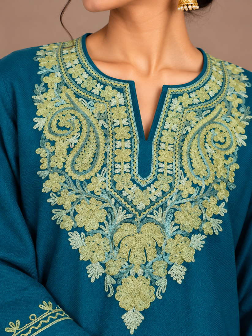 Light Blue Kashmiri Pheran with Embroidery | Aari Embroidered Wool Phiran
