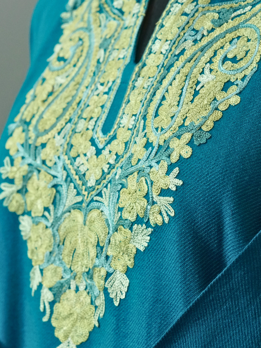 Light Blue Kashmiri Pheran with Embroidery | Aari Embroidered Wool Phiran