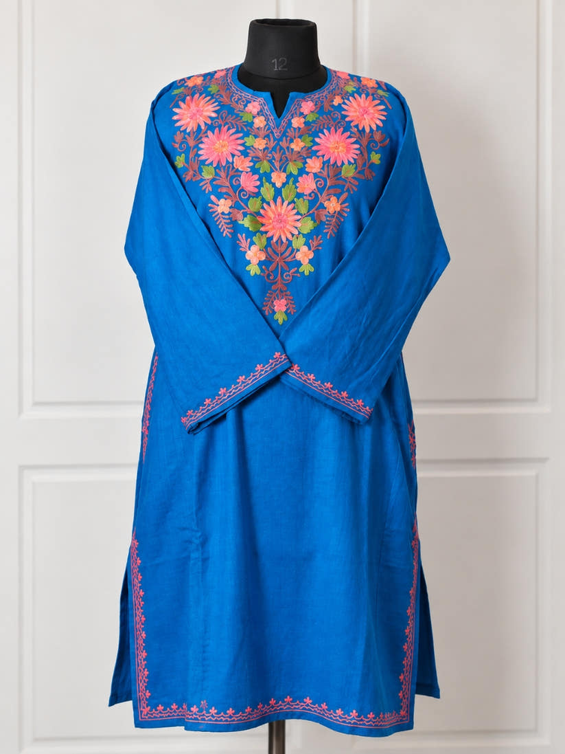 Cobalt Blue Kashmiri Pheran with Multicolour Floral Embroidery – KAARKASH
