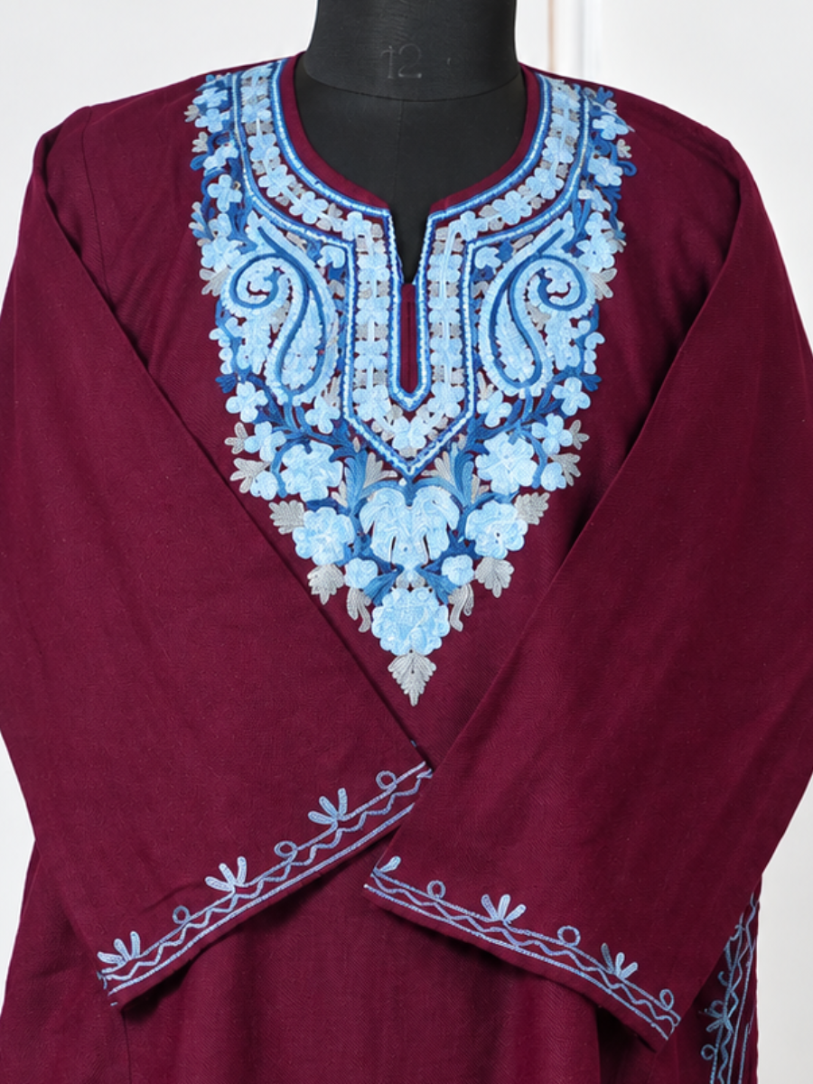 Wine Kashmiri Pheran with Sky Blue Paisley Embroidery – KAARKASH