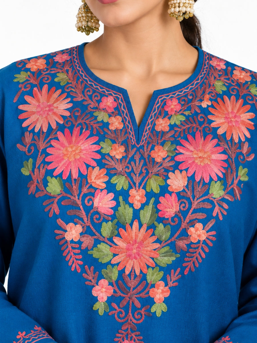 Cobalt Blue Kashmiri Pheran with Multicolour Floral Embroidery – KAARKASH