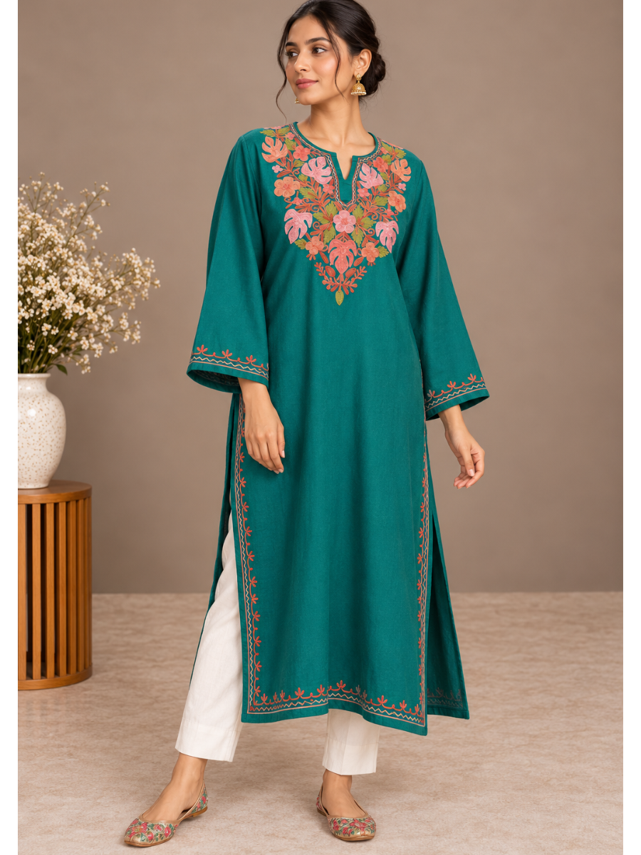 Teal Kashmiri Pheran with Embroidery | Aari Embroidered Wool Phiran