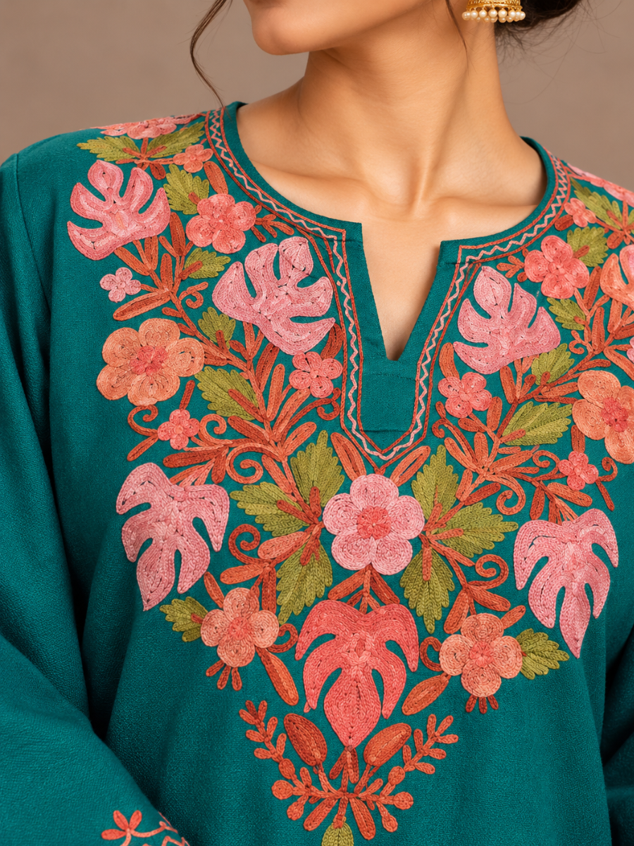 Teal Kashmiri Pheran with Embroidery | Aari Embroidered Wool Phiran