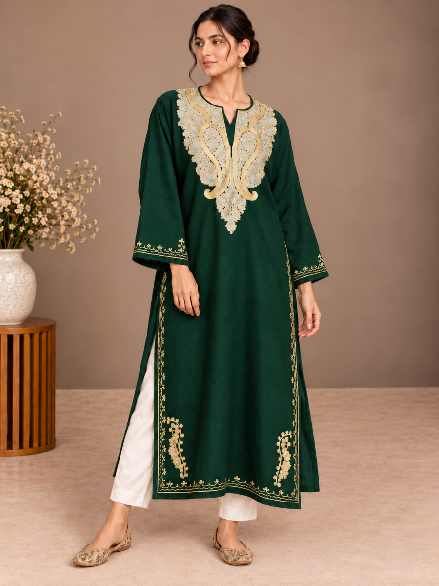 Green Kashmiri Pheran with Embroidery | Aari Embroidered Wool Phiran