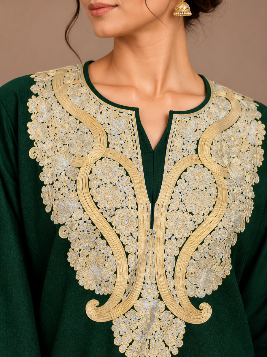 Green Kashmiri Pheran with Embroidery | Aari Embroidered Wool Phiran