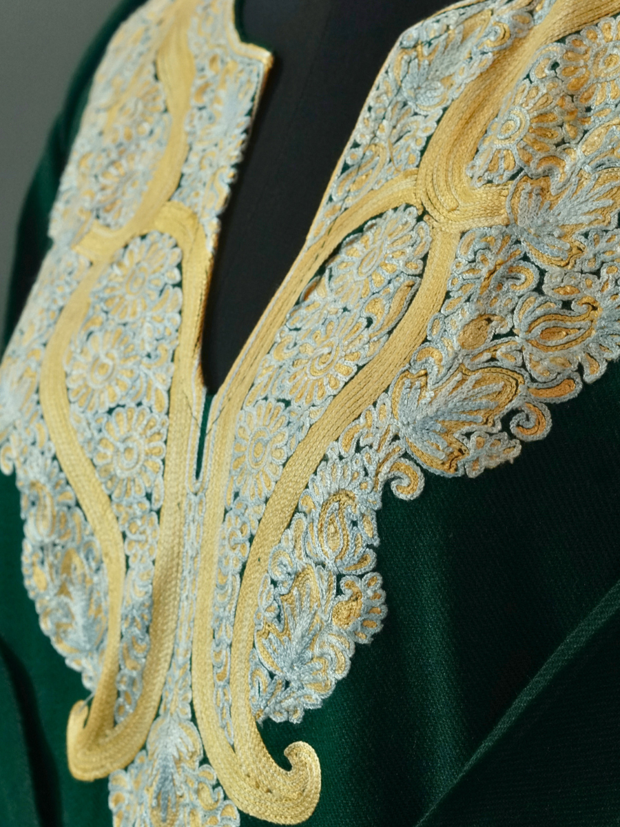 Green Kashmiri Pheran with Embroidery | Aari Embroidered Wool Phiran