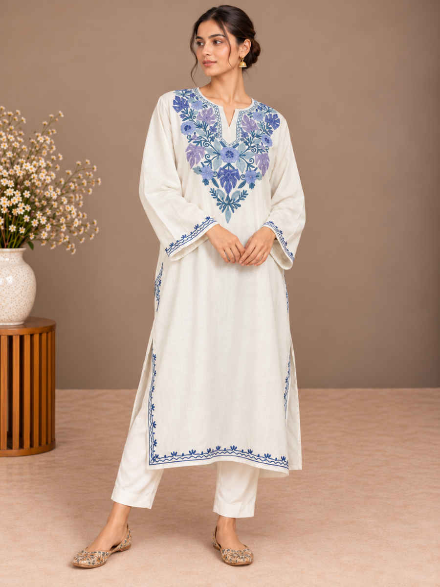White Kashmiri Pheran with Multicolour Paisley Embroidery | Manual Aari Embroidered Wool Phiran