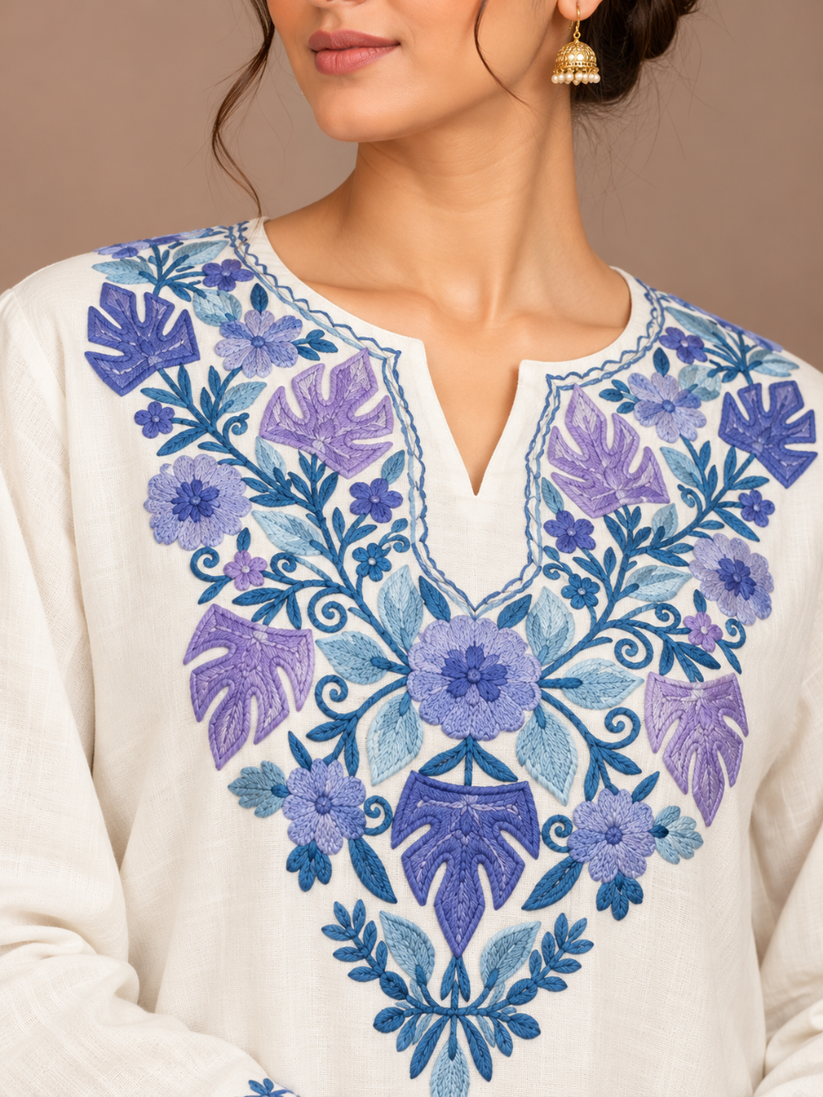 White Kashmiri Pheran with Multicolour Paisley Embroidery | Manual Aari Embroidered Wool Phiran
