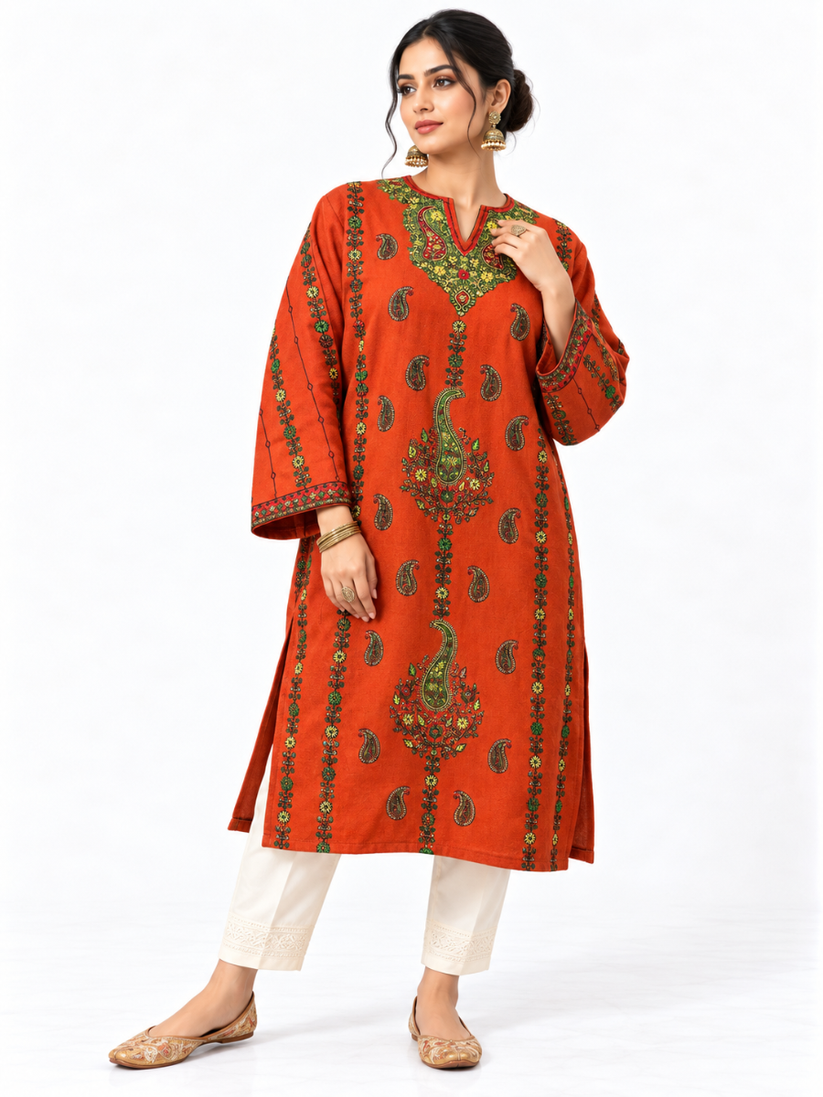 Kashmiri Sozni Embroidered Pheran (Phiran) | Orange