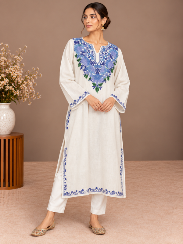 White Kashmiri Pheran with Multicolour Paisley Embroidery | Manual Aari Embroidered Wool Phiran
