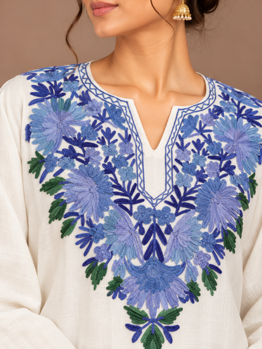 White Kashmiri Pheran with Multicolour Paisley Embroidery | Manual Aari Embroidered Wool Phiran