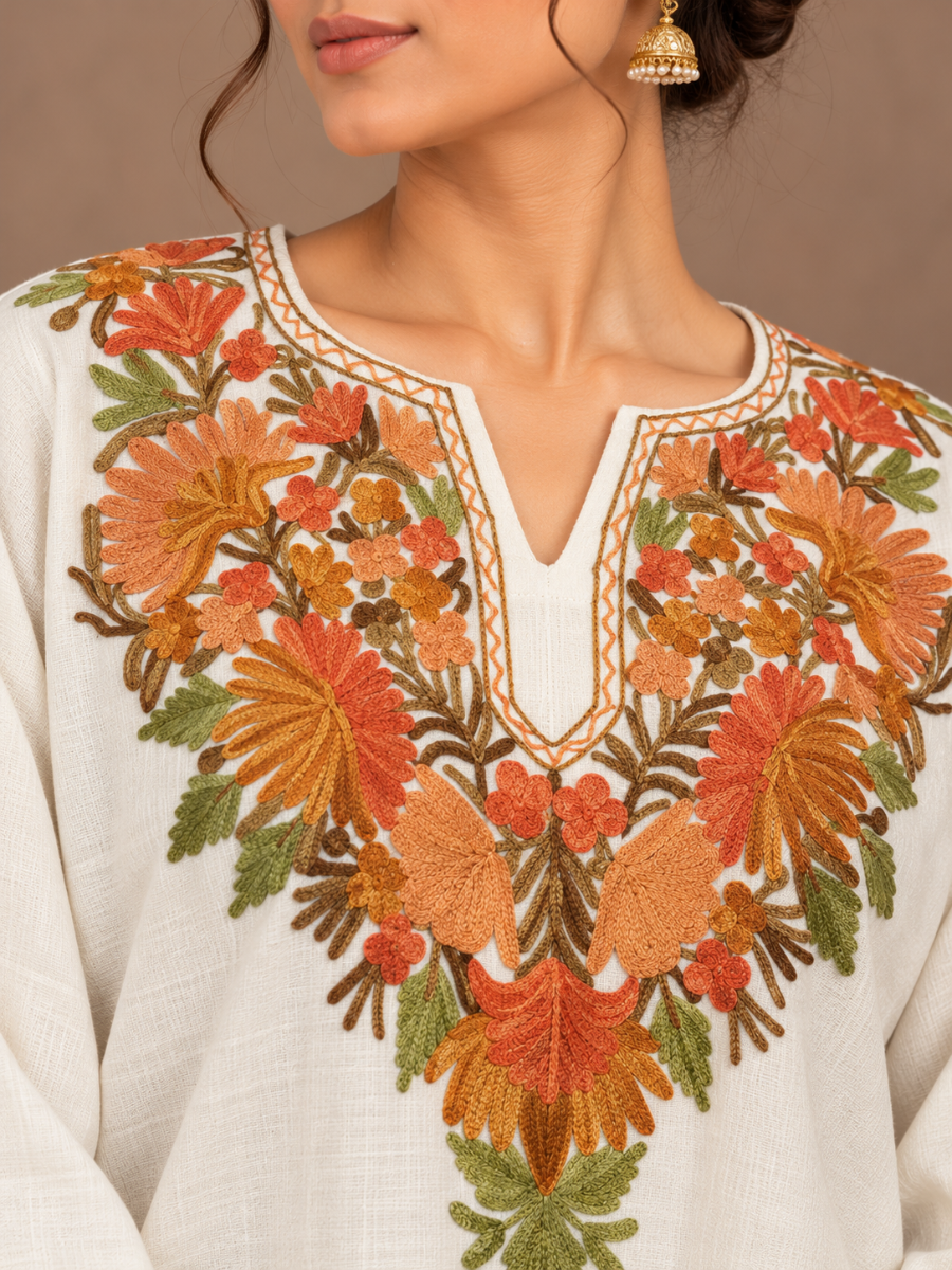White Kashmiri Pheran with Multicolour Paisley Embroidery | Manual Aari Embroidered Wool Phiran