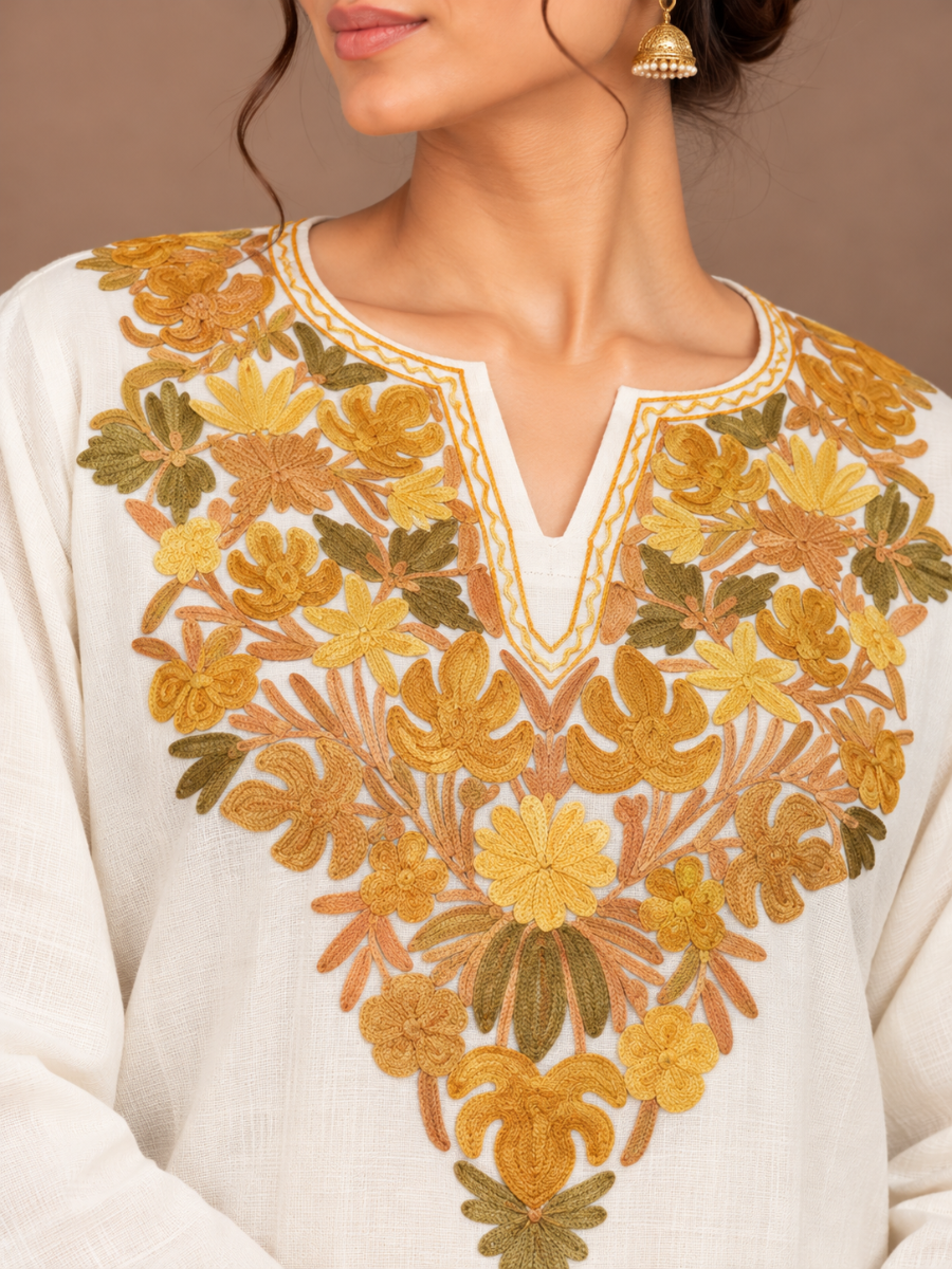 White Kashmiri Pheran with Multicolour Paisley Embroidery | Manual Aari Embroidered Wool Phiran
