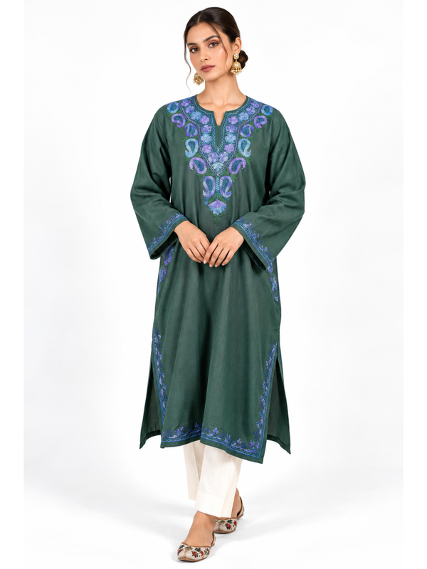 Dark Green Kashmiri Pheran with Blue Paisley Embroidery – KAARKASH