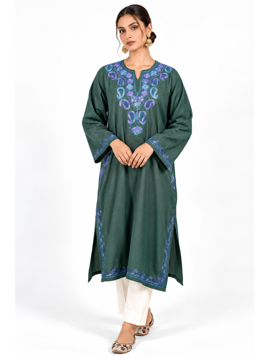 Dark Green Kashmiri Pheran with Blue Paisley Embroidery – KAARKASH