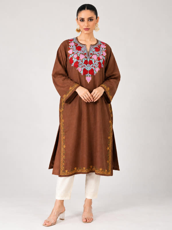 Brown Kashmiri Pheran with Red Pamposh Embroidery – KAARKASH