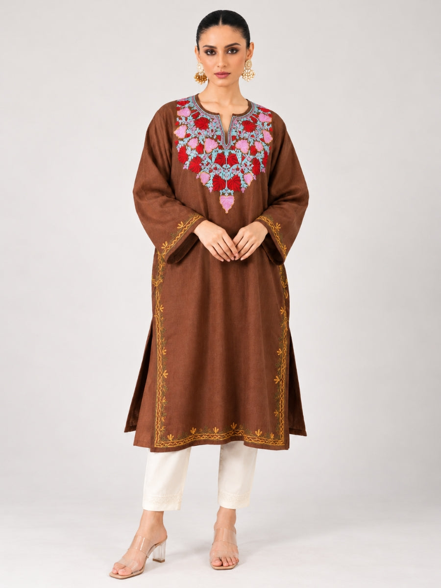 Brown Kashmiri Pheran with Red Pamposh Embroidery – KAARKASH