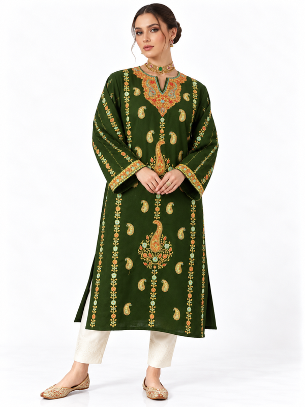 Kashmiri Sozni Embroidered Pheran (Phiran) | Midnight Green