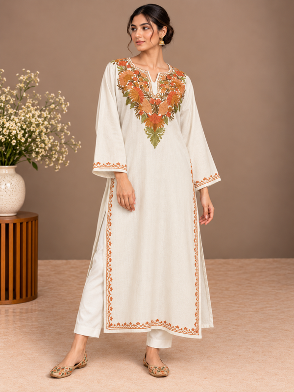 White Kashmiri Pheran with Multicolour Paisley Embroidery | Manual Aari Embroidered Wool Phiran