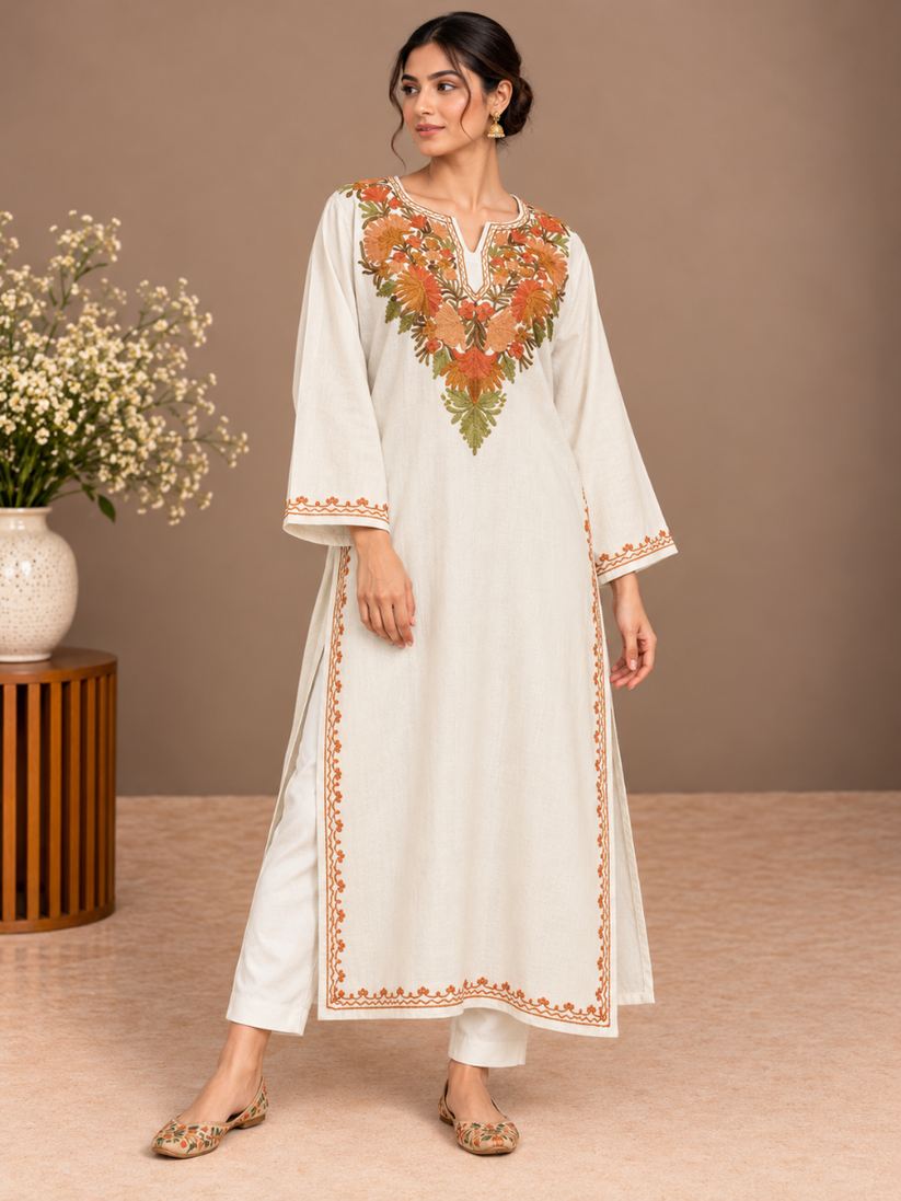 White Kashmiri Pheran with Multicolour Paisley Embroidery | Manual Aari Embroidered Wool Phiran