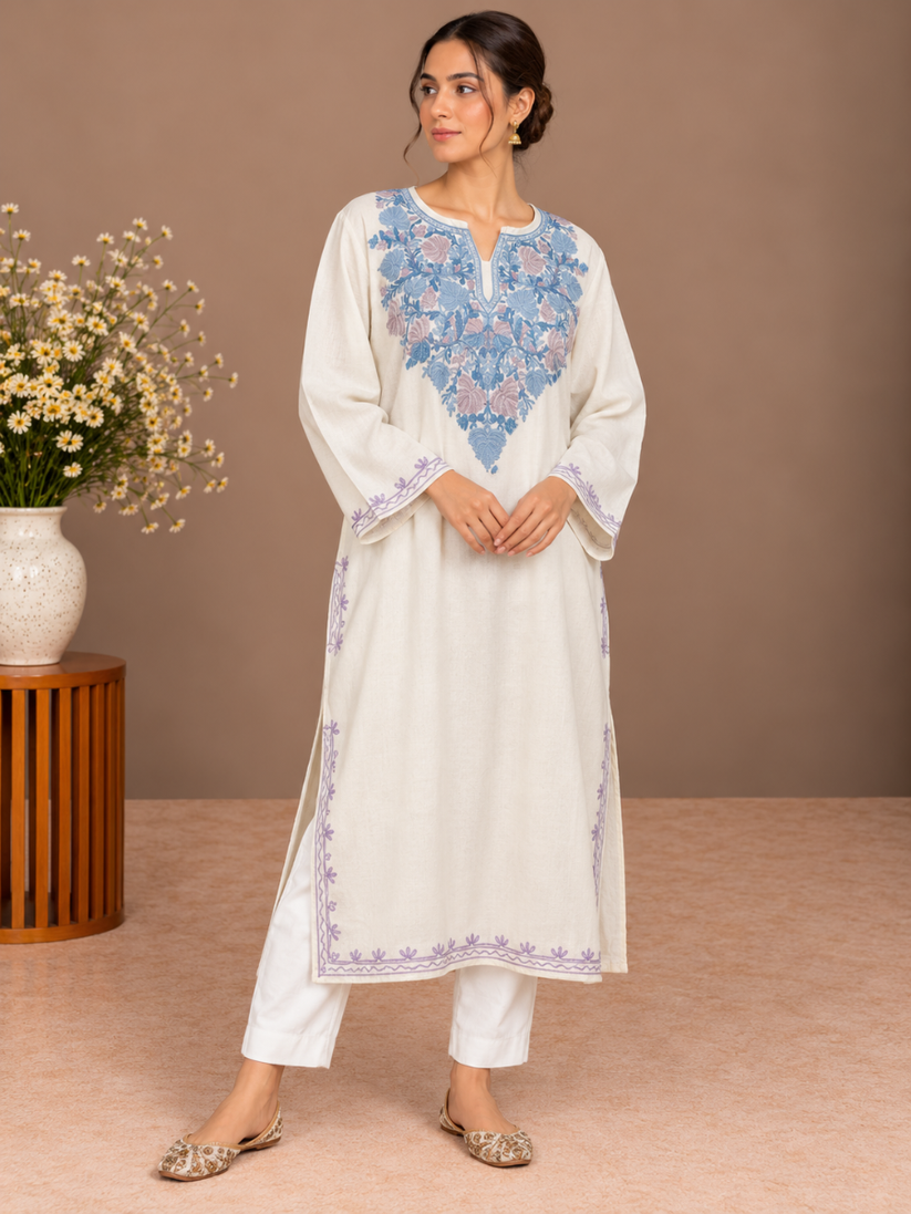 White Kashmiri Pheran with Cornflower Blue & Mauve Floral Embroidery – KAARKASH