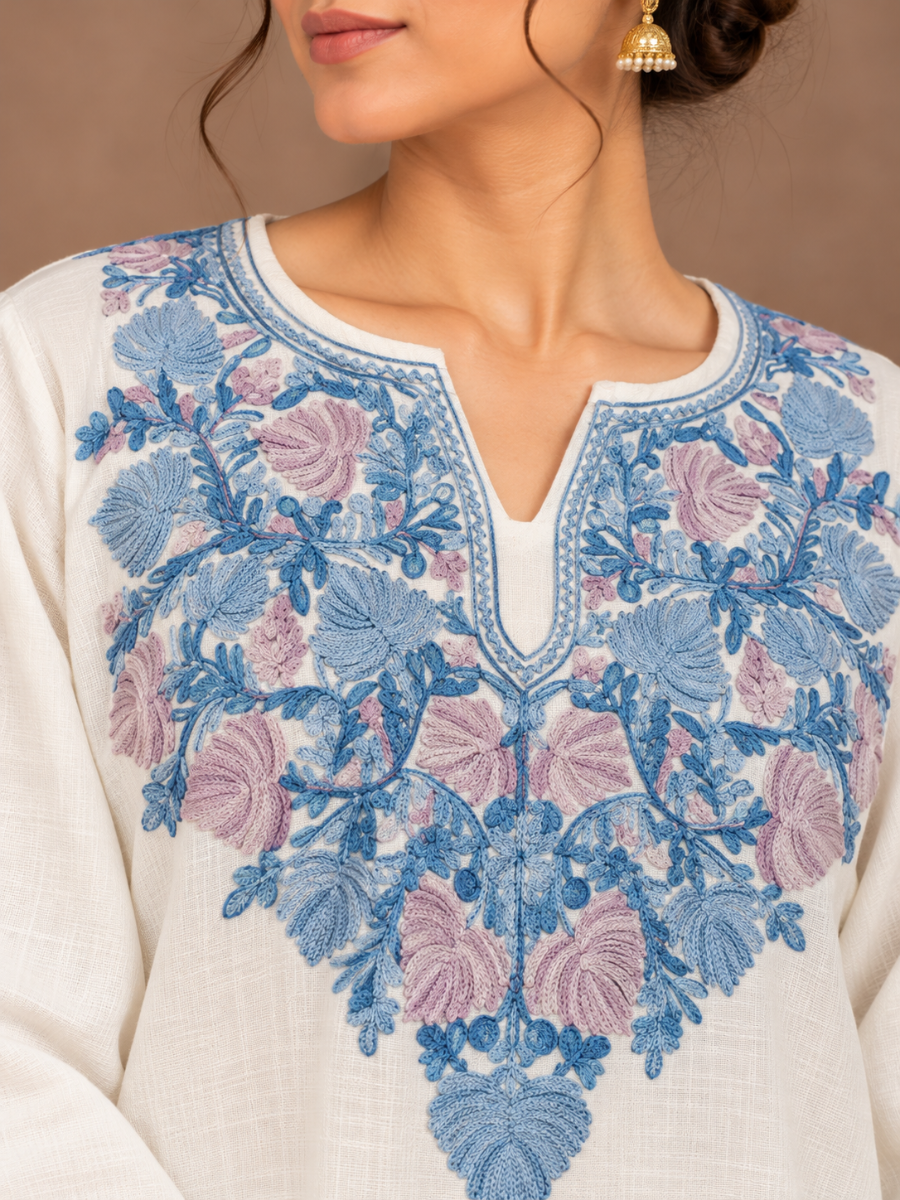 White Kashmiri Pheran with Cornflower Blue & Mauve Floral Embroidery – KAARKASH