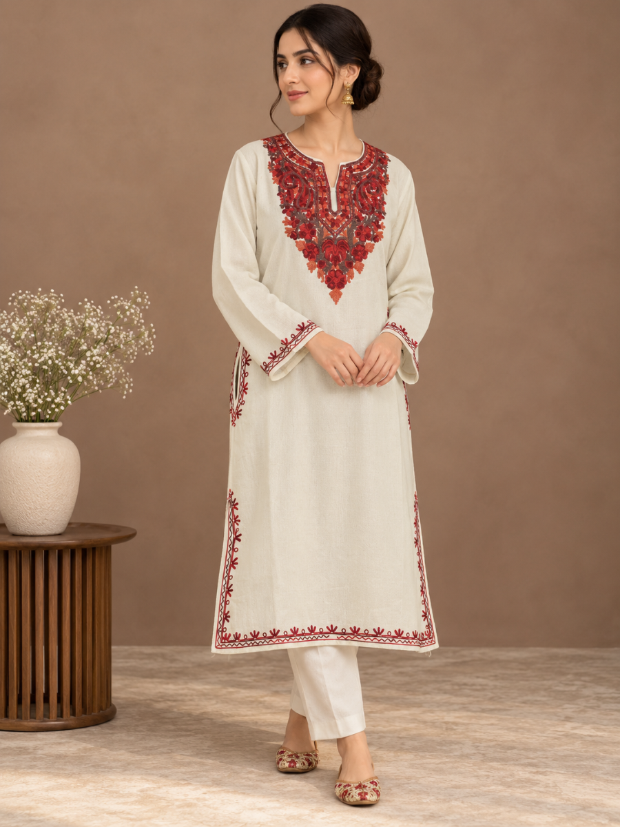 White Kashmiri Pheran with Red & Orange Paisley Embroidery – KAARKASH