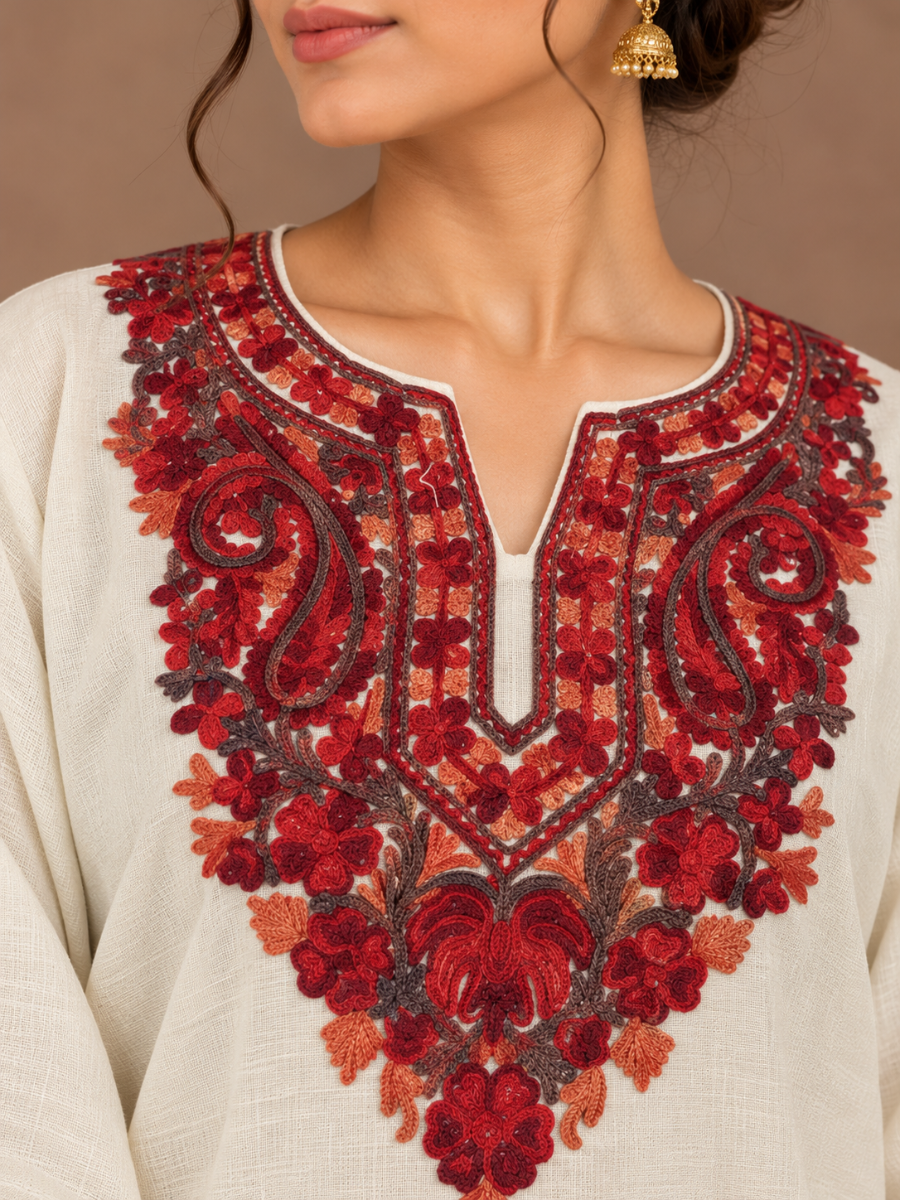 White Kashmiri Pheran with Red & Orange Paisley Embroidery – KAARKASH