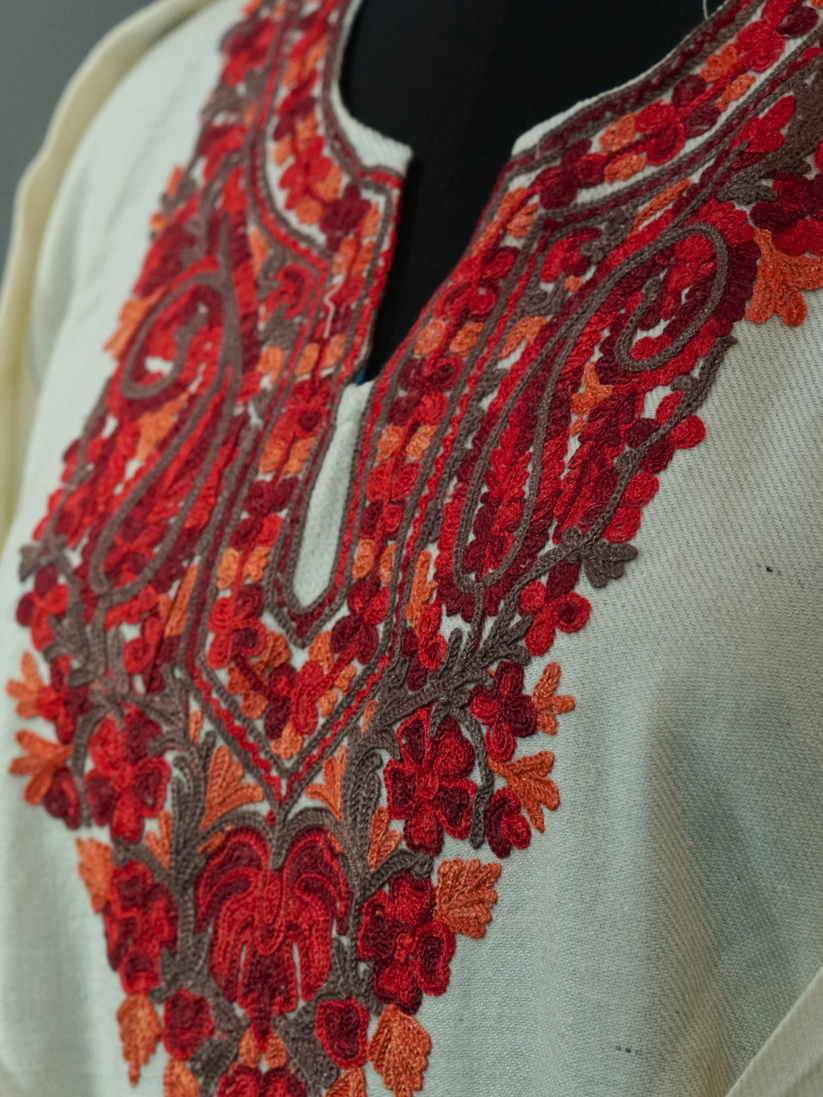 White Kashmiri Pheran with Red & Orange Paisley Embroidery – KAARKASH