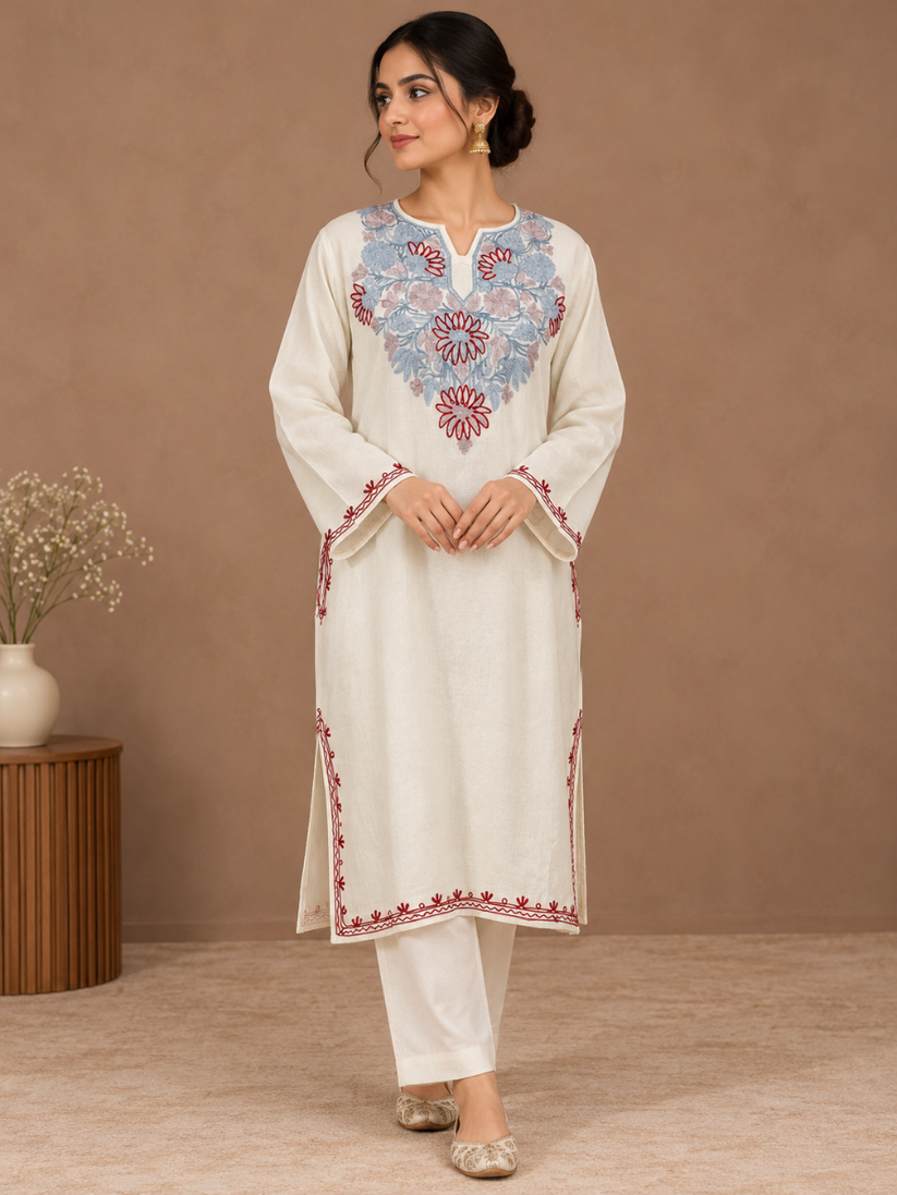 White Kashmiri Pheran with Blue & Maroon Floral Embroidery – KAARKASH