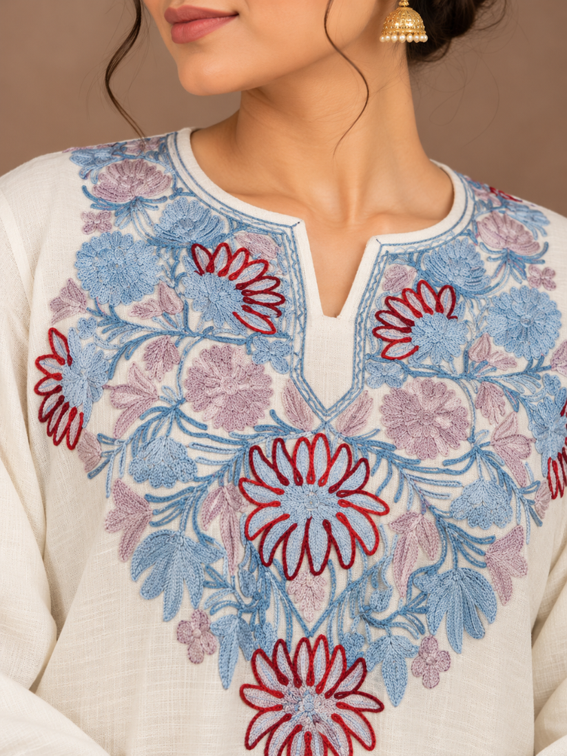 White Kashmiri Pheran with Blue & Maroon Floral Embroidery – KAARKASH