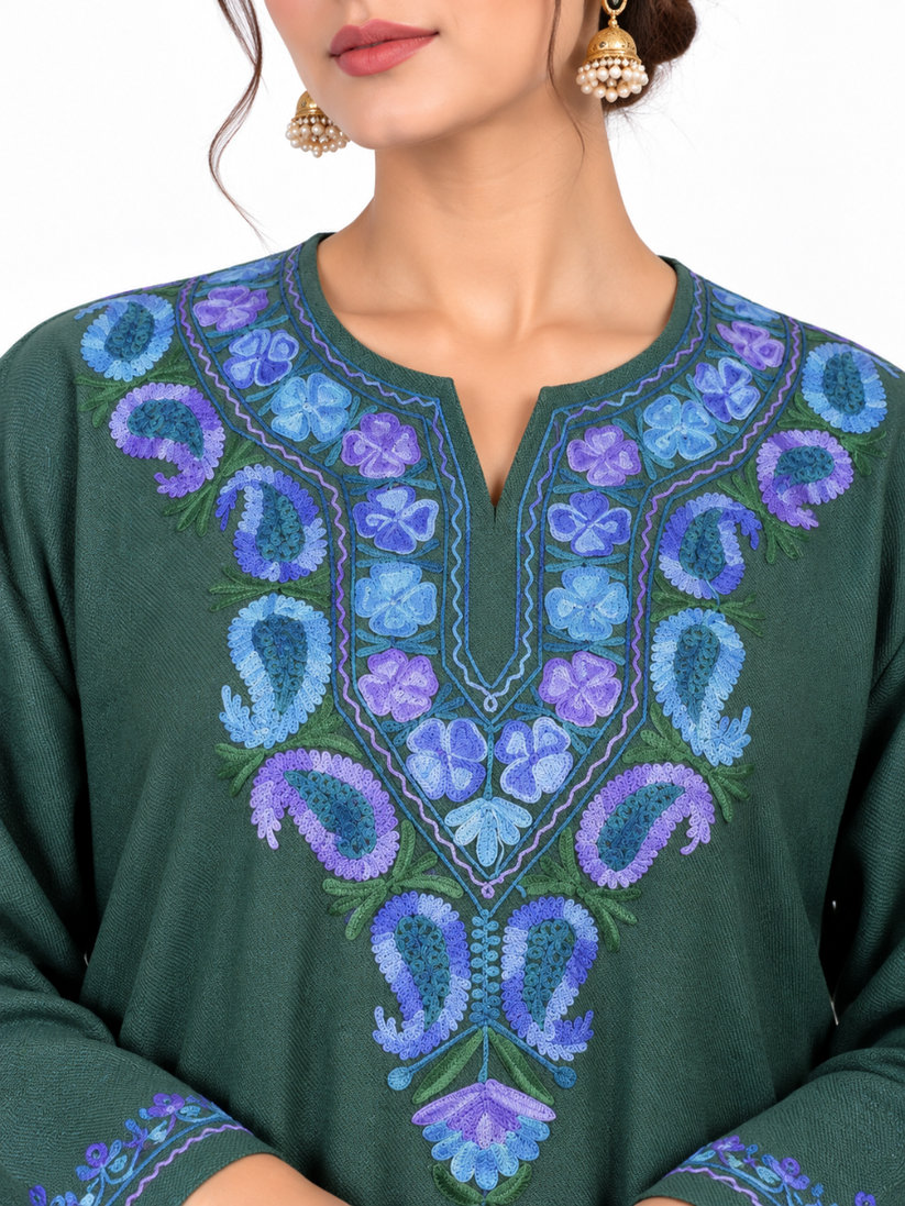 Dark Green Kashmiri Pheran with Blue Paisley Embroidery – KAARKASH